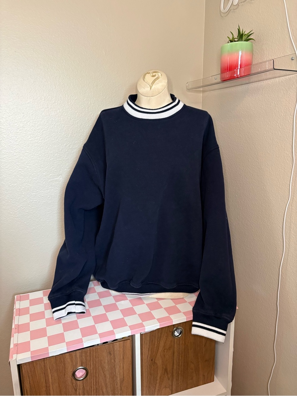 Ashworth Men's Navy Crewneck Sweater with Striped Collar preppy 90s golf large